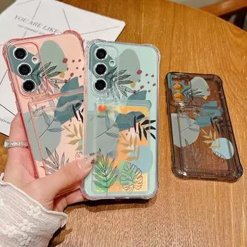 Прозрачный слот для карт Мягкий силиконовый чехол с зеленой линией и цветком для Samsung S25 S24 S22 Ultra S23 S21 A56 A55 A54 A53 A35 A34 A26 A15 Ударопрочный чехол против падения Samsung S25 серый