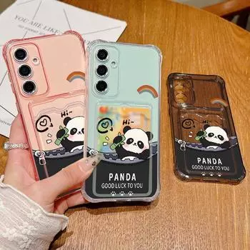 Прозрачный слот для карт Мягкий силиконовый чехол с милой пандой для Samsung S25 S24 S22 Ultra S23 S21 A56 A55 A54 A53 A35 A34 A26 A15 Ударопрочный чехол против падения Samsung S25 серый