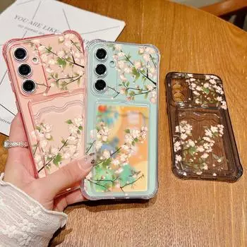 Прозрачный слот для карт, мягкий силиконовый чехол Cherry Blossom для Samsung S25 S24 S22 Ultra S23 S21 A56 A55 A54 A53 A35 A34 A26 A15, противоударный чехол против падения Samsung S25 серый
