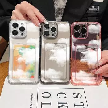 Прозрачный слот для карт, мягкий силиконовый простой белый чехол с рисунком облаков для iPhone 16 15 Pro Max 14 Pro 13 12 11, прозрачный противоударный защитный чехол для телефона iPhone 16 серый