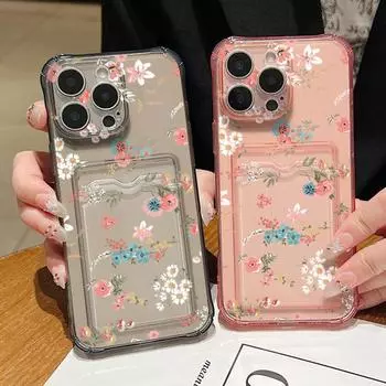 Прозрачный слот для карт Мягкий силиконовый розовый цветочный узор чехол для телефона для iPhone 16 15 Pro 14 13 Pro Max 12 11 ударопрочный тонкий чехол для защиты объектива iPhone 16 чёрный