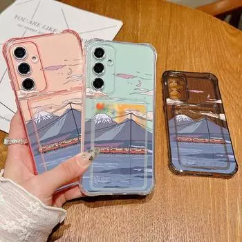 Прозрачный слот для карт с изображением Фудзиямы, мягкий силиконовый чехол для Samsung S25 S24 S22 Ultra S23 S21 Fe A56 A55 A54 A53 A35 A34 A15, противоударный чехол против падения Samsung S25 серый