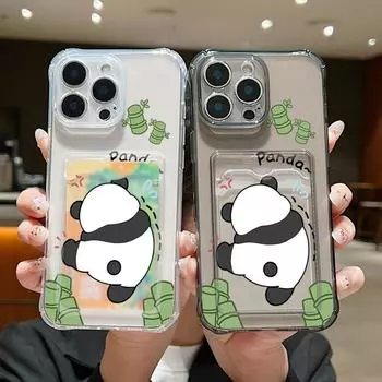 Прозрачный слот для карт с милым рисунком панды, мягкий силиконовый чехол для iPhone 16 Pro Max 15 Pro 14 13 12 11, прозрачный противоударный тонкий чехол для телефона iPhone 16 чёрный