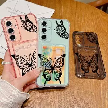 Прозрачный слот для карт с рисунком бабочки, мягкий силиконовый чехол для Samsung S25 S24 S22 Ultra S23 S21 S20 Fe A55 A54 A53 A52 A35 A34 A15, противоударный чехол Samsung S25 серый