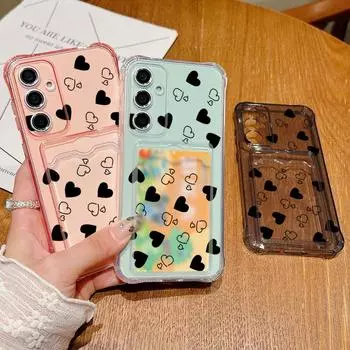 Прозрачный слот для карт с рисунком сердец любви, мягкий силиконовый чехол для Samsung S24 S22 Ultra S23 S21 S20 Fe A55 A54 A53 A52 A35 A34 A15, ударопрочный тонкий чехол Samsung S24 серый
