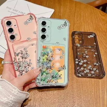 Прозрачный слот для карт с узором в виде цветка маргаритки силиконовый мягкий чехол для Samsung S24 S22 Ultra S23 S21 S20 Fe A55 A54 A53 A52 A35 A34 A15 ударопрочный тонкий чехол Samsung S24 серый