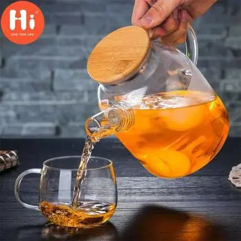 Прозрачный стеклянный чайник с бамбуковой крышкой, термостойкий чайник большой емкости, бутылка для воды 1 л/1,5 л