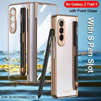 Прозрачный стеклянный чехол для переднего экрана для Samsung Galaxy Z Fold 3 5g, чехол с прорезями для S Pen, прозрачный жесткий чехол для ПК, задняя крышка, капа For Samsung Z Fold 3 чёрный