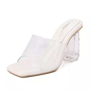 Прозрачный толстый каблук высокий каблук крутые тапочки ночной клуб большой размер высокие каблуки лето новый рыбий рот шлепанцы женская обувь 36