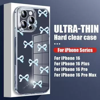 Прозрачный тонкий чехол для телефона с принтом банта для iPhone 16 Pro Max 15 Pro 14 13 12 11, прозрачный противоударный защитный жесткий чехол-бампер для ПК iPhone 16E синий