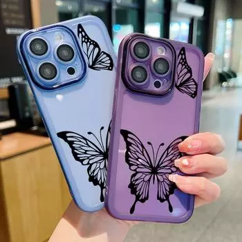 Прозрачный тонкий чехол с принтом бабочки для iPhone 16 Pro 15 Pro Max 14 13 12 11, мягкая силиконовая противоударная защитная пленка для объектива, прозрачный чехол для телефона iPhone 16 синий