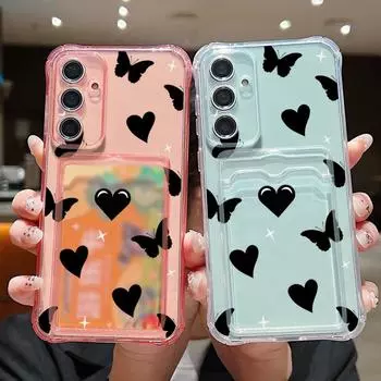 Прозрачный тонкий чехол с принтом в виде сердечек и бабочек для карт памяти для Samsung S24 FE S23 Ultra S22 A16 A55 A15 A54 A35 A14, противоударный мягкий силиконовый чехол для телефона Samsung S24 серый