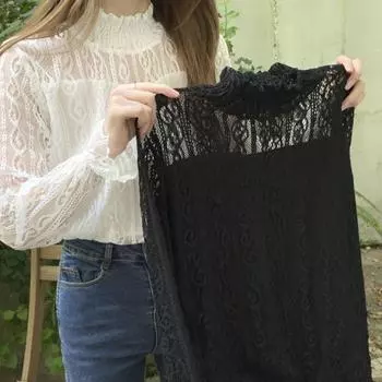 Прозрачный топ с длинными рукавами, пуловер, кружевная сетка, футболки, лето L чёрный