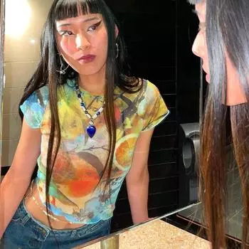 Прозрачный укороченный топ в сеточку с милым принтом Y2k, уличная футболка с графическим рисунком для женщин, футболки с короткими рукавами, женская одежда