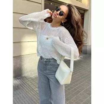 Прозрачный винтажный топ с длинным рукавом, свободные пуловеры, базовая сексуальная футболка для женщин, летний вязаный свитер, женская футболка оверсайз S коричневый