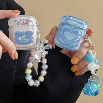 Прозрачный волнистый мягкий чехол IMD для Apple Airpods Pro 1 2 3 Box Blue Heart Smiley, чехол для наушников, милый браслет с подвеской в виде медведя, браслет-конфетка For AirPods 1 or 2