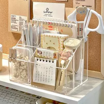 Прозрачный высококачественный настольный держатель для ручек, ящик для хранения карандашей, 5 ячеек, большая емкость, органайзер для канцелярских принадлежностей, подставка для ручек для домашнего офиса прозрачный