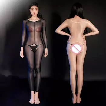 Прозрачный женский комбинезон, шелковистый, блестящий, эластичный