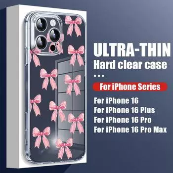 Прозрачный жесткий чехол для ПК с принтом банта для iPhone 16 Pro Max 15 Pro 14 13 12 11, защита линз, тонкий противоударный прозрачный чехол для телефона iPhone 16E розовый