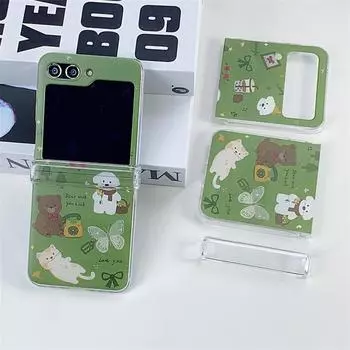 Прозрачный жесткий чехол для Samsung Z Flip 3/4 с рисунком в виде щенка зеленого медведя для Z Flip 5, подходит для девочек, комплект из трех предметов. Samsung zfilp5