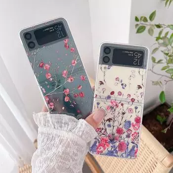 Прозрачный жесткий чехол для телефона с цветочным узором для Samsung Galaxy Z Flip 3 5g, задняя крышка с портативным браслетом для женщин For Samsung Z Flip 3