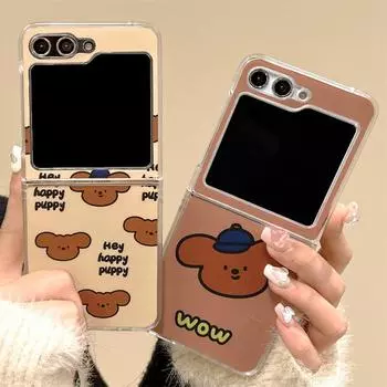 Прозрачный жесткий чехол-раскладушка для телефона Brown Bear English Hat для Samsung Zflip3/4/5, женский складной чехол для экрана вверх и вниз. Samsung zflip3 коричневый