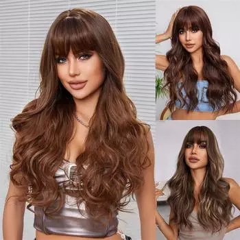 Прямая челка, модные длинные волосы на всю голову, парик из натурального волокна, женский парик, женский длинный вьющийся парик, химический 66cm