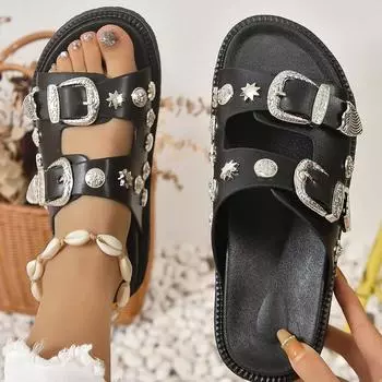 Прямая поставка панк черные сандалии для женщин с заклепками пряжки декор шлепанцы на платформе с открытым носком летняя уличная готическая обувь пляжная обувь 35