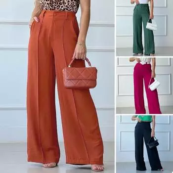 Прямая, широкая, свободная, однотонная, с высокой талией, полуэластичная талия, формальный стиль для поездок на работу M хаки