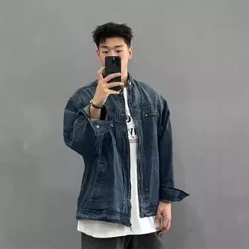 Прямая стирка постепенная смена джинсовая куртка мужская и женская сезон свободная повседневная стойка воротник локомотив пара куртка прилив M синий