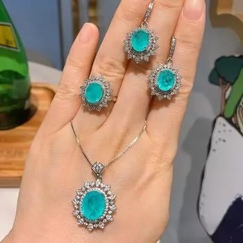 Прямая трансляция Круглый комплект Paraiba Simulation, кулон, ожерелье, кольцо, серьги-гвоздики, свадебные украшения из трех предметов