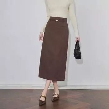 Прямая юбка из бархата с высокой талией в стиле Yadan - коллекция осень/зима M темный кофе