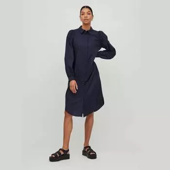 Прямое платье-рубашка с длинными рукавами длиной до колена, хлопок Женская VILA 34 темно-синий