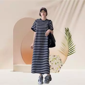 Прямое стройнящее длинное платье больших размеров, свободное платье-футболка, летнее женское ленивое облегающее платье M белый/чёрный