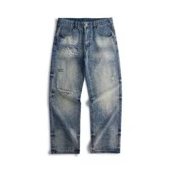 Прямой крой Ретро Джинсы Длинные Рваный стиль Обезьяна Кошачий ус Ручная вышивка и стирка 28