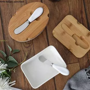 Прямоугольная керамическая тарелка для масла с деревянной крышкой, нож для масла, кухонная сырница, поднос для закусок, салатница, сырная коробка, декоративная тарелка