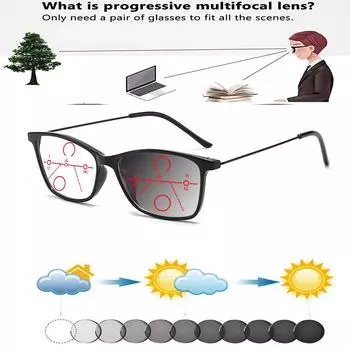 Прямоугольная оправа с деликатными петлями Сверхлегкие удобные фотохромные прогрессивные мультифокальные очки для чтения от +0,75 до +4 +0.75 чёрный