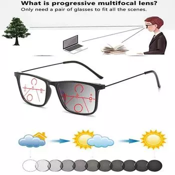 Прямоугольная оправа с деликатными петлями Сверхлегкие удобные фотохромные прогрессивные мультифокальные очки для чтения от +0,75 до +4 +0.75 чёрный