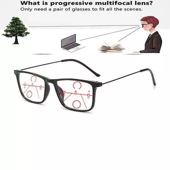 Прямоугольная оправа с деликатными шарнирами Сверхлегкие удобные прогрессивные мультифокальные очки для чтения от +0,75 до +4 +0.75 чёрный
