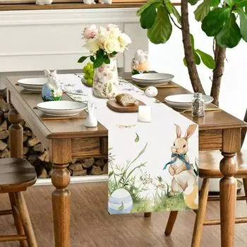 Прямоугольная пасхальная скатерть, льняная скатерть в виде пасхального яйца, пасхальный кролик, дорожка для стола, вечеринка Style C