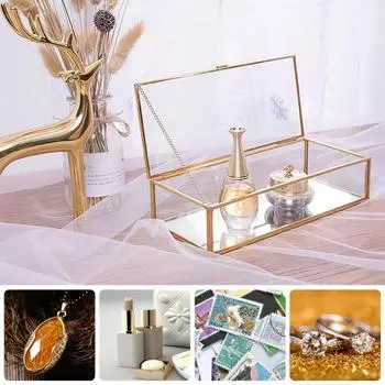 Прямоугольная стеклянная витрина для ювелирных изделий, органайзер, туалетный столик, шкатулка с крышкой, декоративная шкатулка для домашнего декора, для хранения безделушек, колец, браслетов золотой