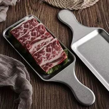 Прямоугольная тарелка из нержавеющей стали с ручкой, сделанная в стиле старой мясной тарелки, западная кухня, стейк, суши, поднос с плоским дном 1PC