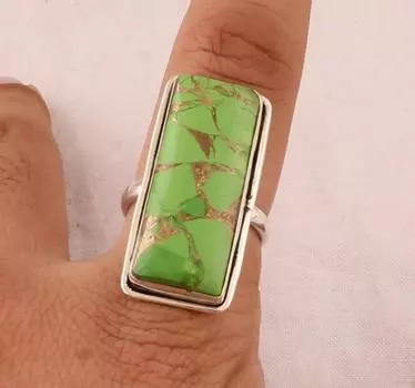Прямоугольное кольцо с зеленым медным бирюзовым камнем, серебро 925 пробы, ювелирные изделия ручной работы, кольцо с безелем, эффектное кольцо, праздничное кольцо 6