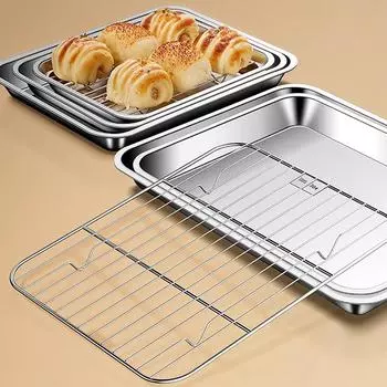 Прямоугольные подносы для хранения продуктов с решеткой, нержавеющая сталь, противень для барбекю, антипригарное покрытие для духовки, посудомоечной машины, кухонный гаджет