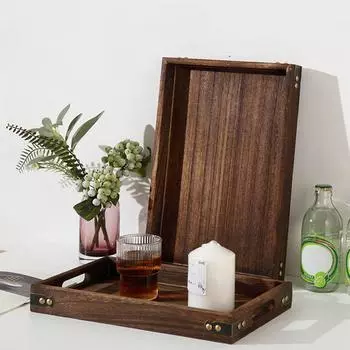 Прямоугольный деревянный поднос с ручкой, поднос для чая, домашняя чашка для воды, фрукты, еда, хлеб, всякая всячина, сервировочный поднос, обеденная тарелка для отеля