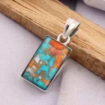 Прямоугольный кулон из меди и бирюзы Oyster, подвеска из твердого серебра 925 пробы, уникальный подарок, подарок унисекс, украшения из бирюзы