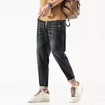 Прямые брюки больших размеров, весенне-осенние мужские джинсовые брюки, свободные джинсы-шаровары-морковки 28 чёрный/серый
