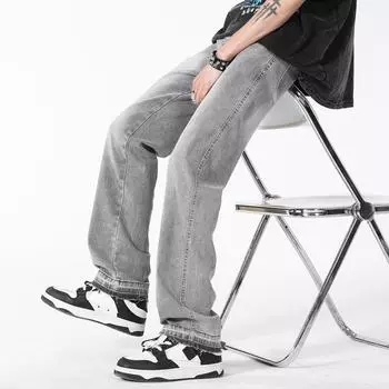 Прямые брюки, джинсы больших размеров, весенне-осенние мужские повседневные свободные брюки M светло-серый