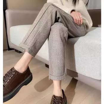 Прямые брюки из шерсти кофейного цвета для женщин на осень и зиму, новые свободные утягивающие брюки-сигареты с высокой талией и утолщенной резинкой S
