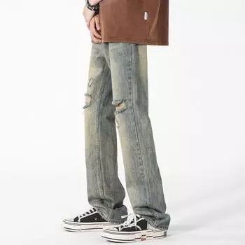 Прямые брюки с дырками, джинсы больших размеров, весенне-осенние мужские свободные брюки со средней талией M светло-синий
